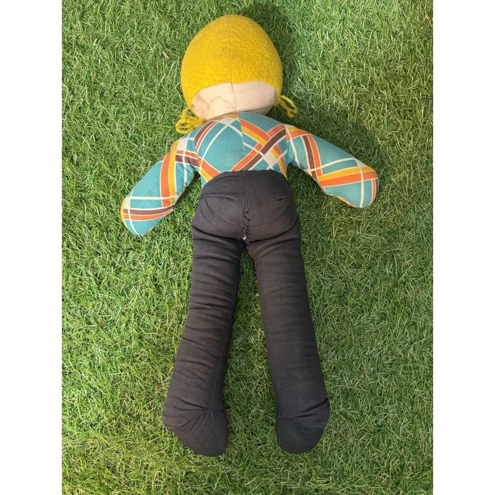 Vintage Handmade Cloth Rag Doll Blonde Hair‎ Plaid Shirt